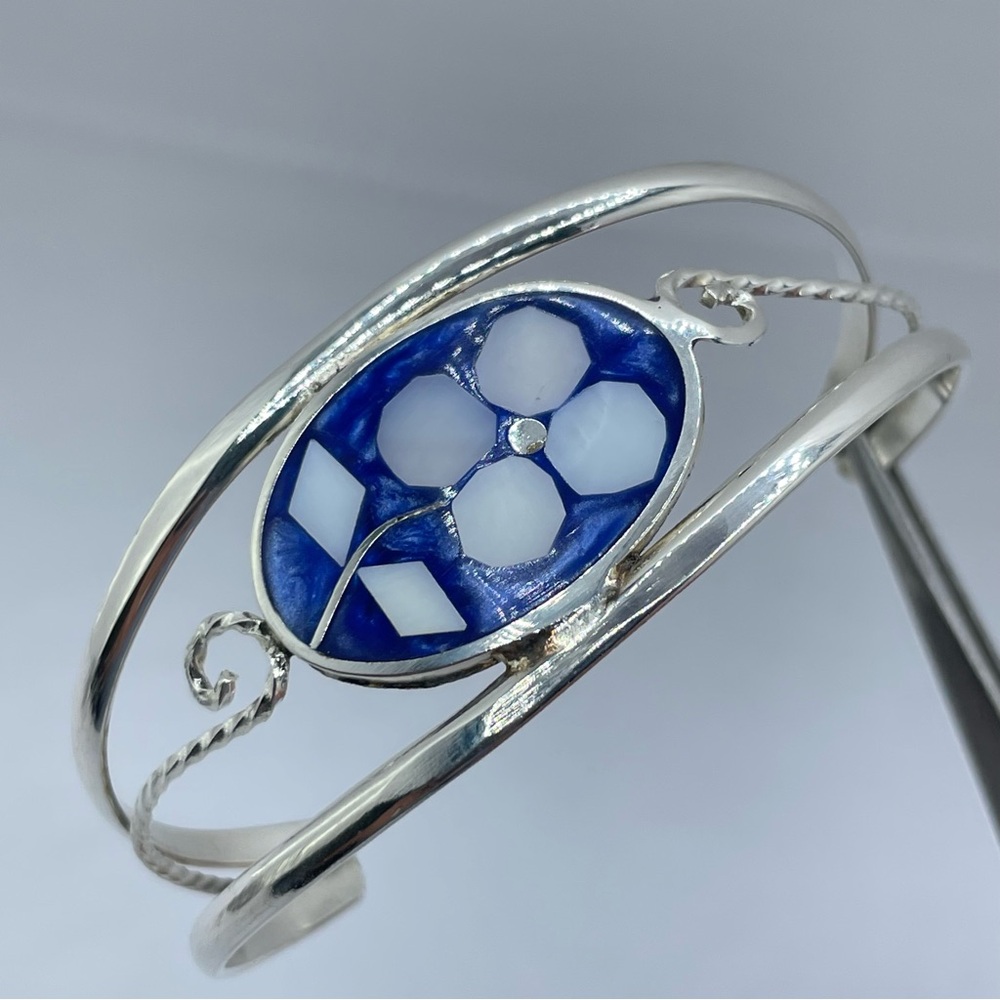 Vintage Mexico Blue Enamel Mother of Pearl Cuff Bracelet Taxco Style